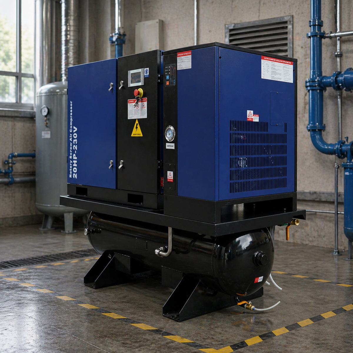 74CFM 20HP Rotary Screw Air Compressor with Air Dryer & ASME Tank | 125 PSI 230V 3-Phase
