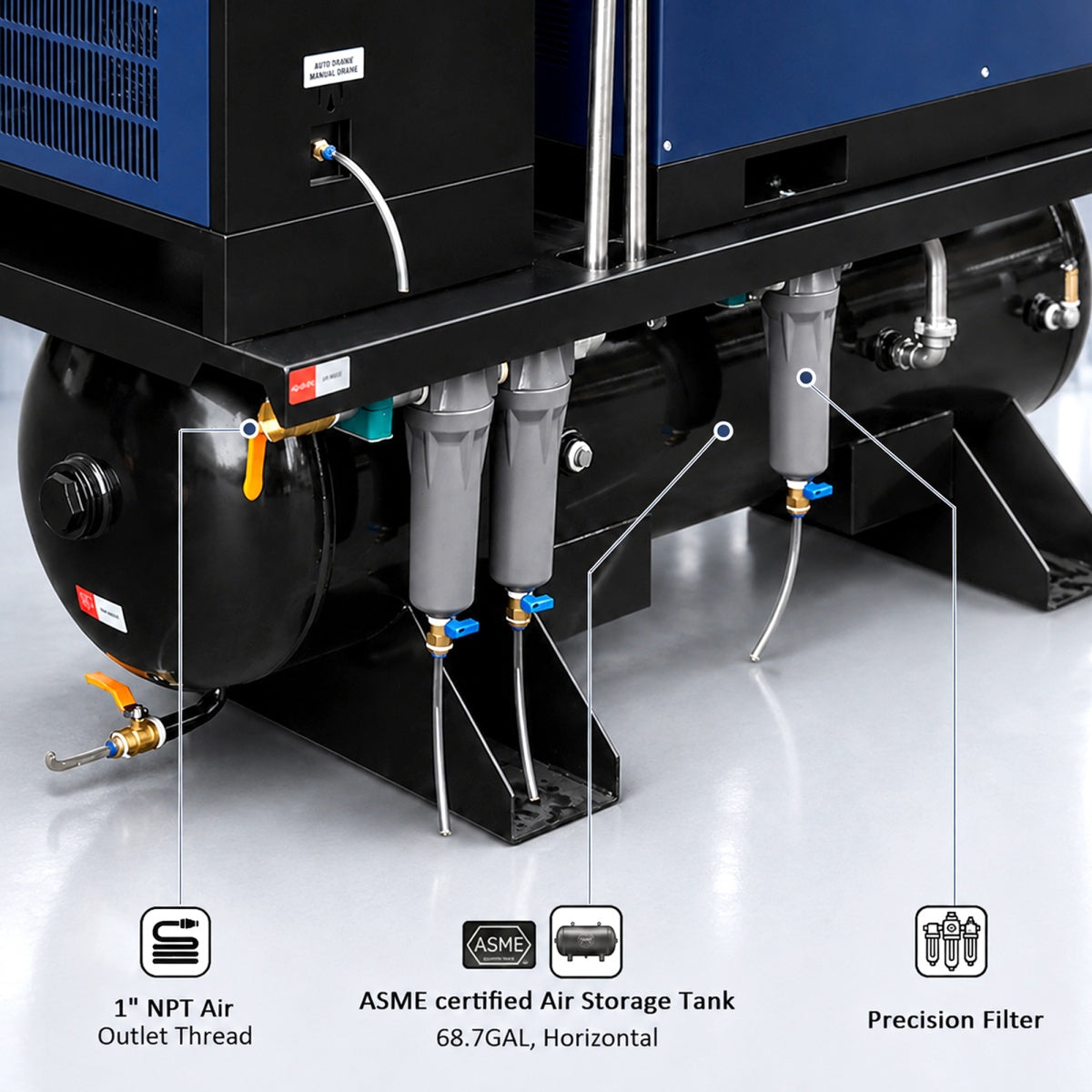 74CFM 20HP Rotary Screw Air Compressor with Air Dryer & ASME Tank | 125 PSI 230V 3-Phase