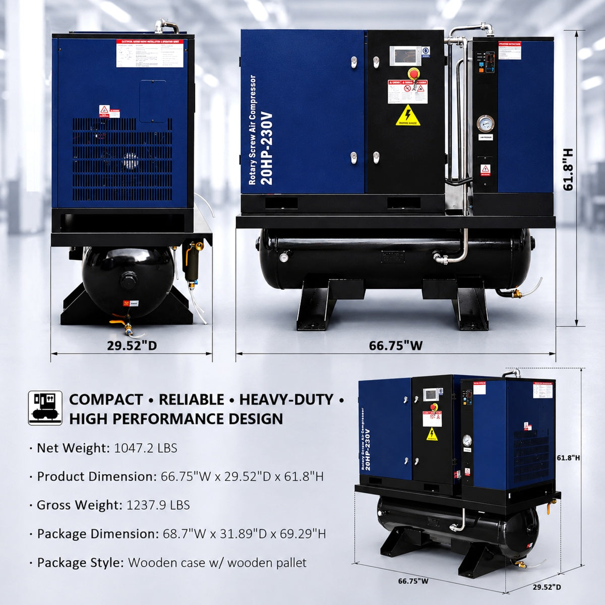 74CFM 20HP Rotary Screw Air Compressor with Air Dryer & ASME Tank | 125 PSI 230V 3-Phase