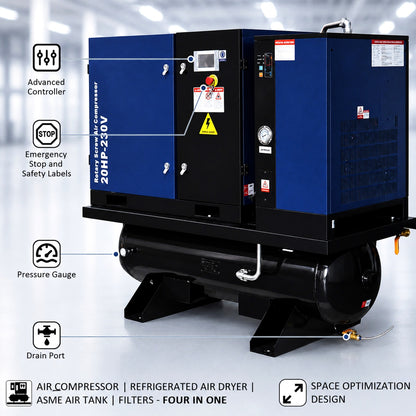 74CFM 20HP Rotary Screw Air Compressor with Air Dryer & ASME Tank | 125 PSI 230V 3-Phase