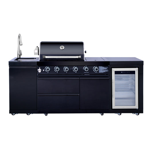85.2" 4+1 Burner 71,500 BTU Black Outdoor Kitchen Island Grill+ Sink + Refrigerator