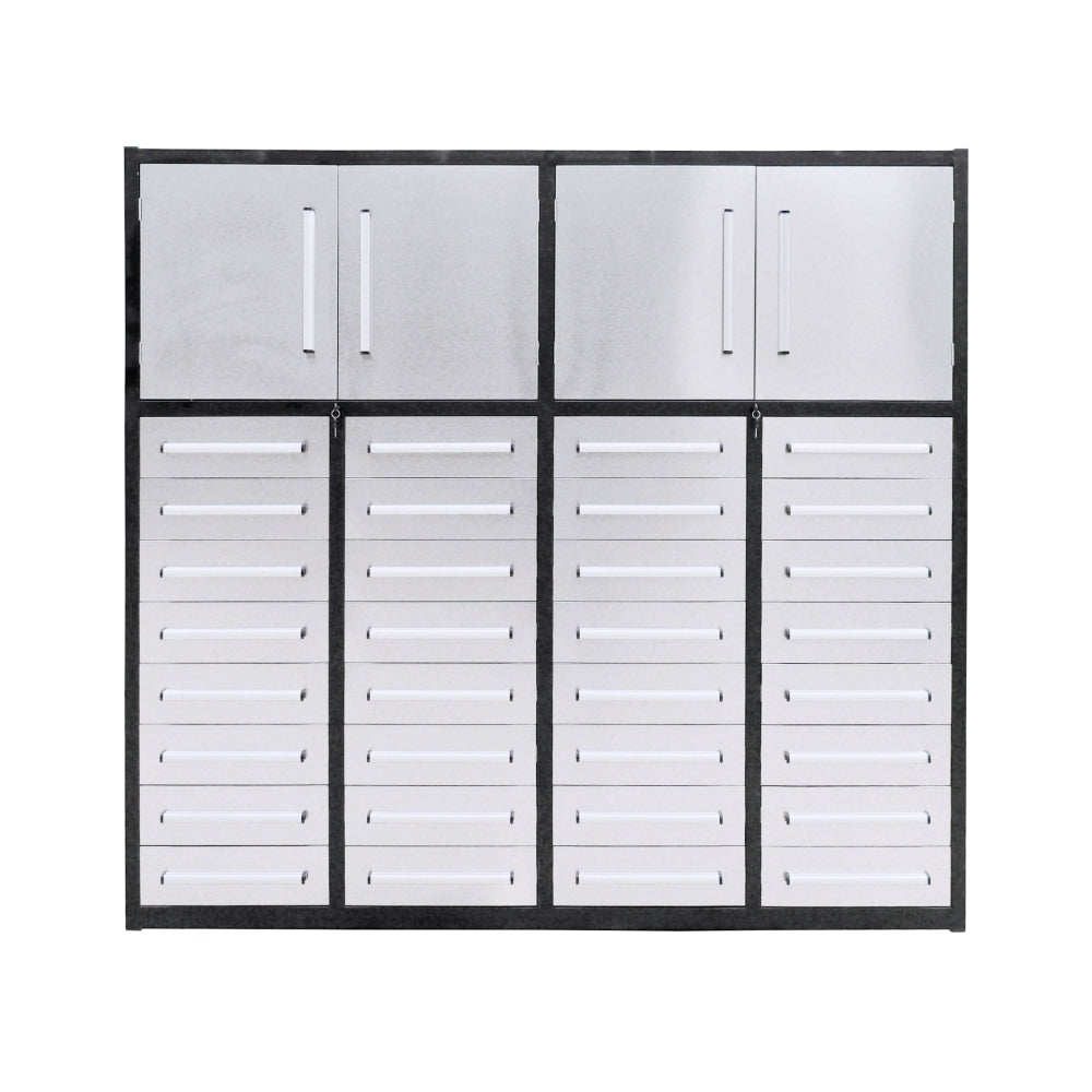 Set of metal storage cabinets with various door designs on a white background
