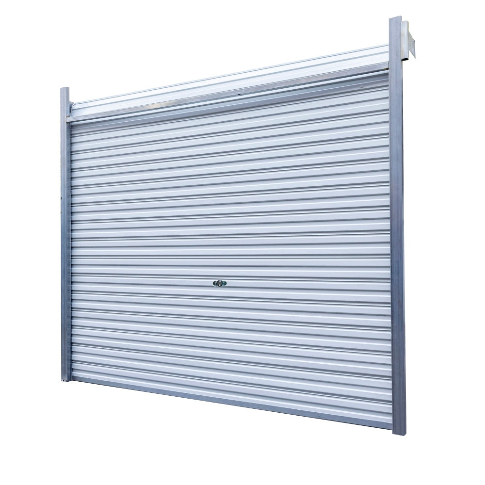 Roll-up security shutter on a white background