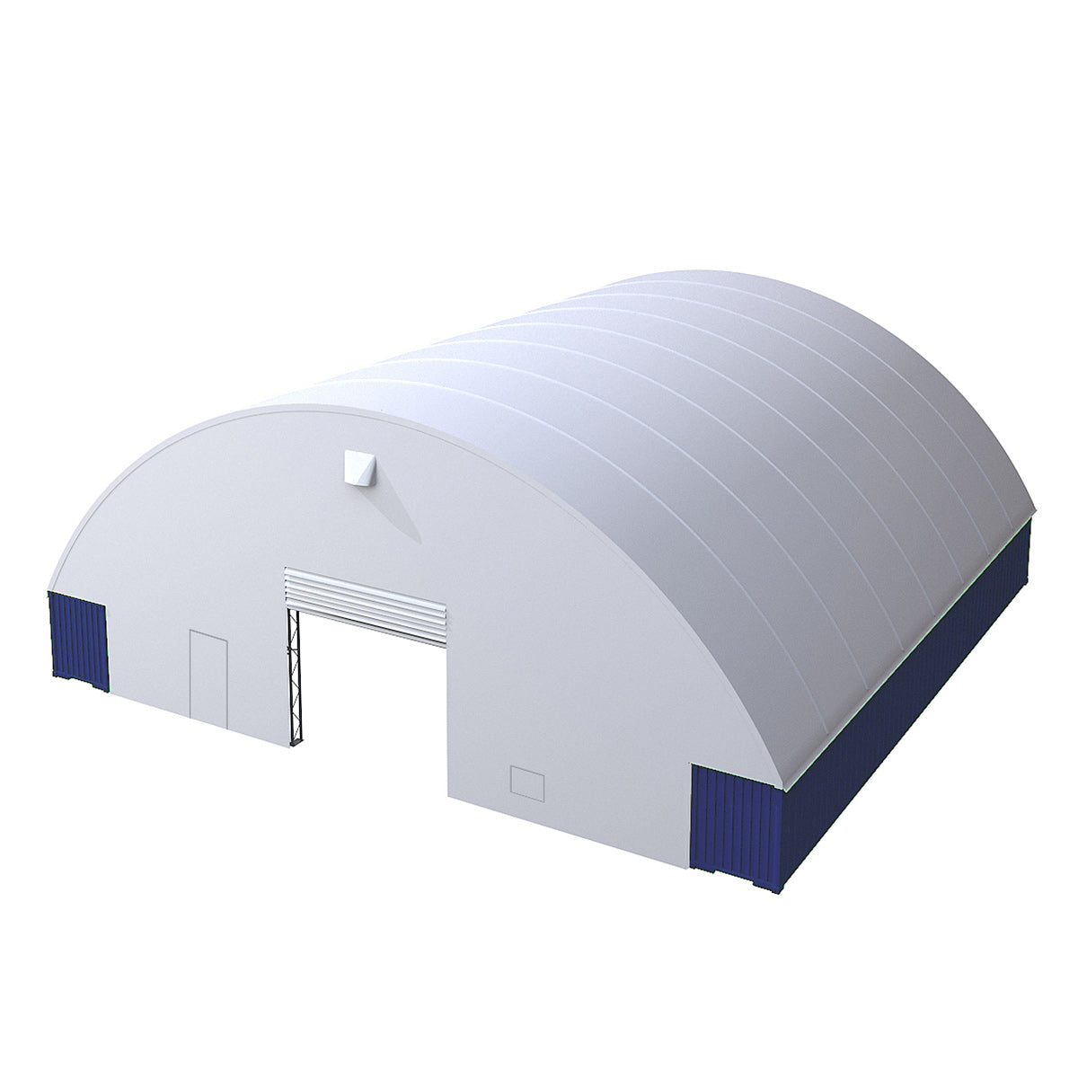 White and blue storage shed with a curved roof on a white background