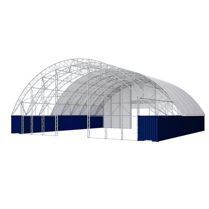Dome-shaped structure with blue walls and white roof on a white background