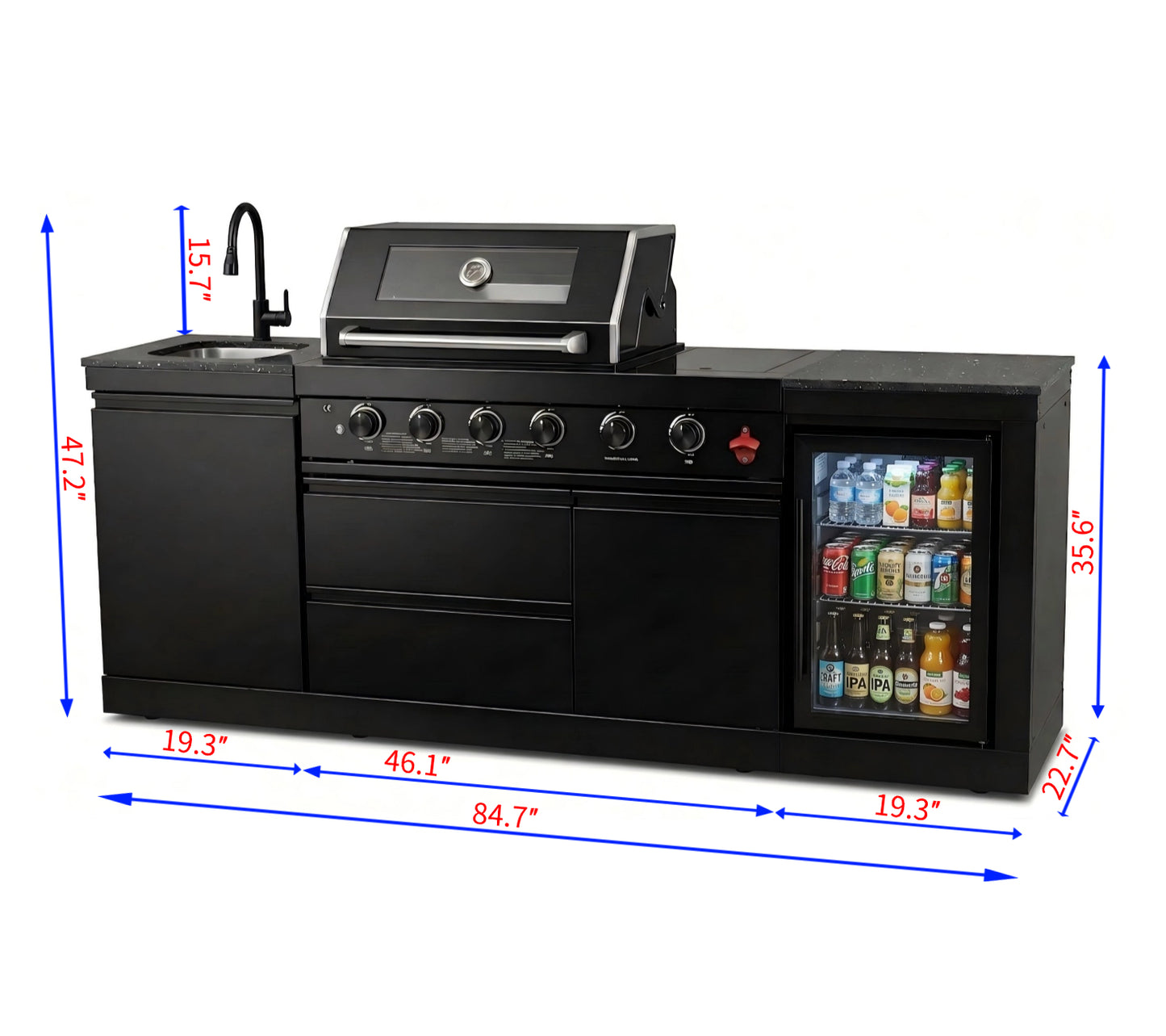 85" 4-Burner 85000 BTU Black Outdoor Kitchen Island Grill with Compact Refrigerator Marble Countertops Sink