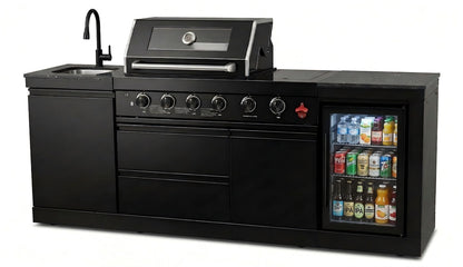 85" 4-Burner 85000 BTU Black Outdoor Kitchen Island Grill with Compact Refrigerator Marble Countertops Sink