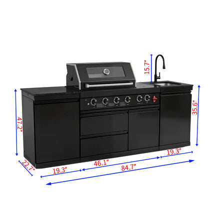 85" 4-Burner 85,000 BTU Black Outdoor Kitchen Island Grill + Storage Cabinets + Sink