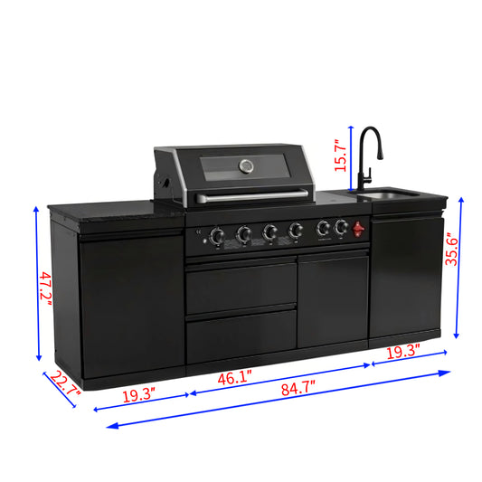 85" 4-Burner 85,000 BTU Black Outdoor Kitchen Island Grill + Storage Cabinets + Sink