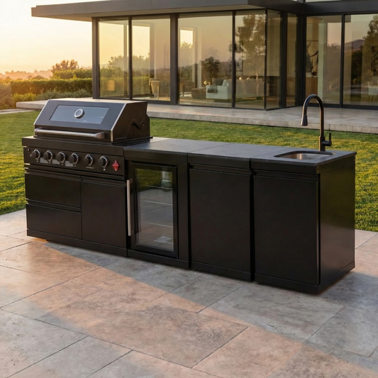 66" 4-Burner 72,000 BTU Black Outdoor Kitchen Bar Barbecue Island Grill + Wine Cooler + Sink