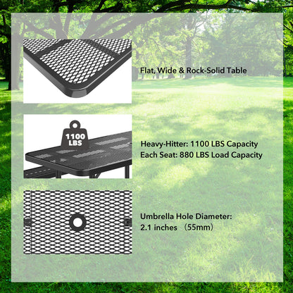 8ft Rectangle Picnic Table With Umbrella Hole#Color_black