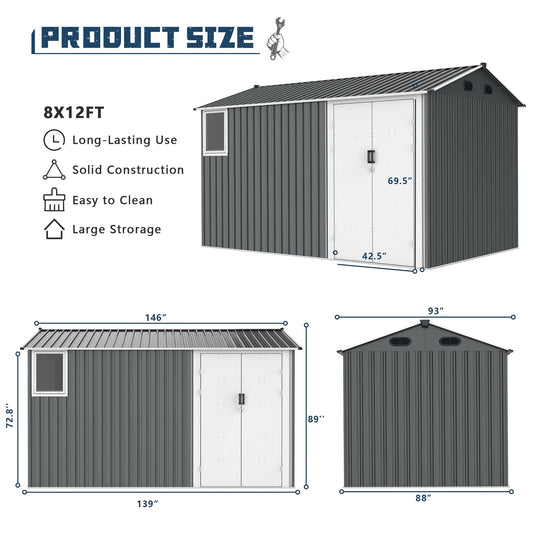 [CLEARANCE] 8x12ft Metal Storage Shed with Double Hinged Doors