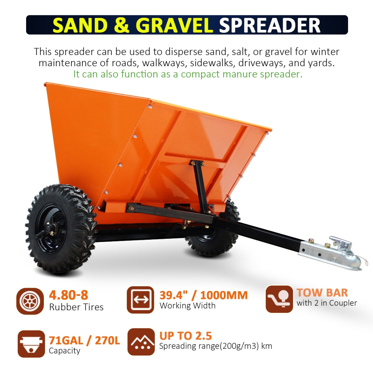 Orange sand and gravel spreader with specifications on a white background