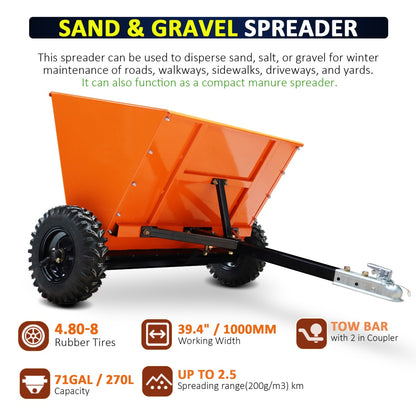 Orange sand and gravel spreader with specifications on a white background