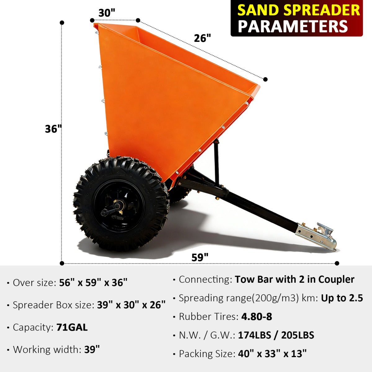 Orange sand spreader with dimensions and specifications on a white background