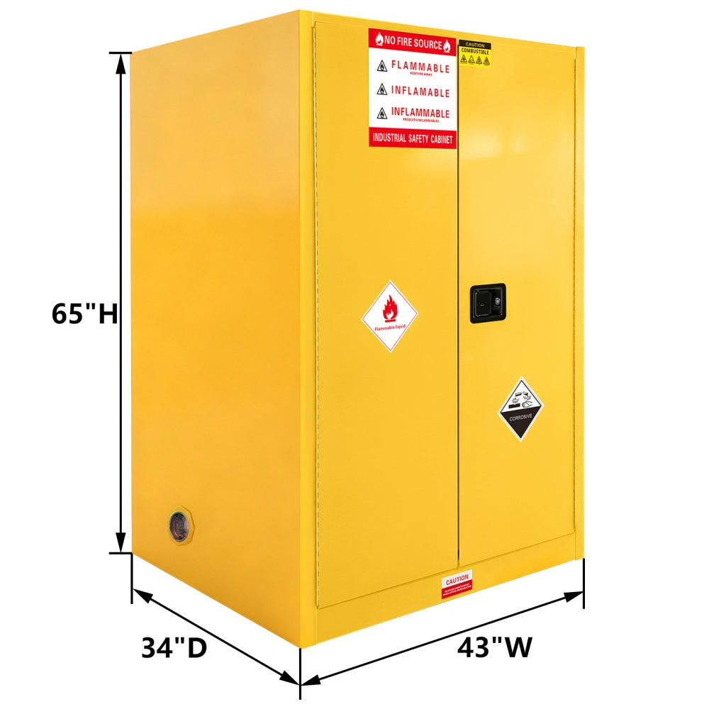 Yellow safety cabinet with hazardous material labels and dimensions on a white background