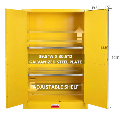 Yellow storage cabinet with open doors showing adjustable shelves and dimensions.