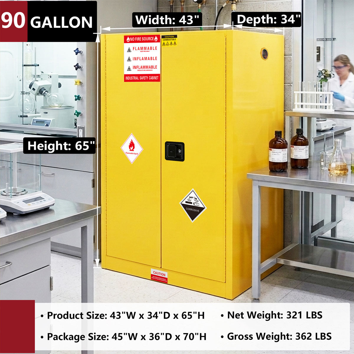 90 Gal Flammable Safety Cabinet, 43"Wx34"Dx65"H