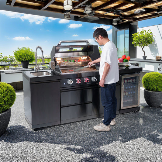 85" 4-Burner 72,000 BTU Stainless Outdoor Kitchen Island Grill with Wine Cooler & Sink