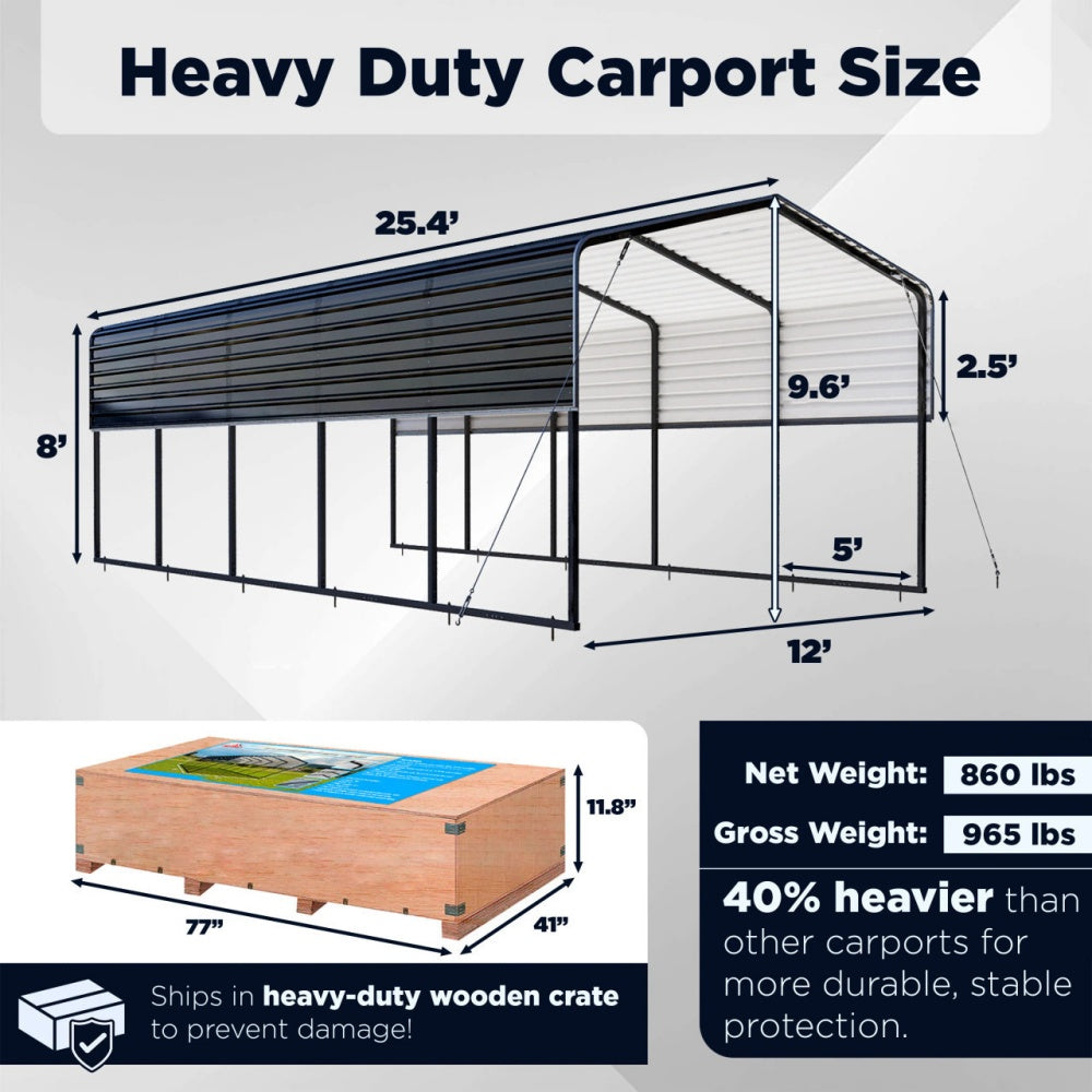 12'x25' Metal Carport with Corrugated Roof