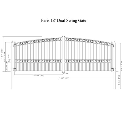 18'x6' Steel Dual Swing Driveway Gate - PARIS Style