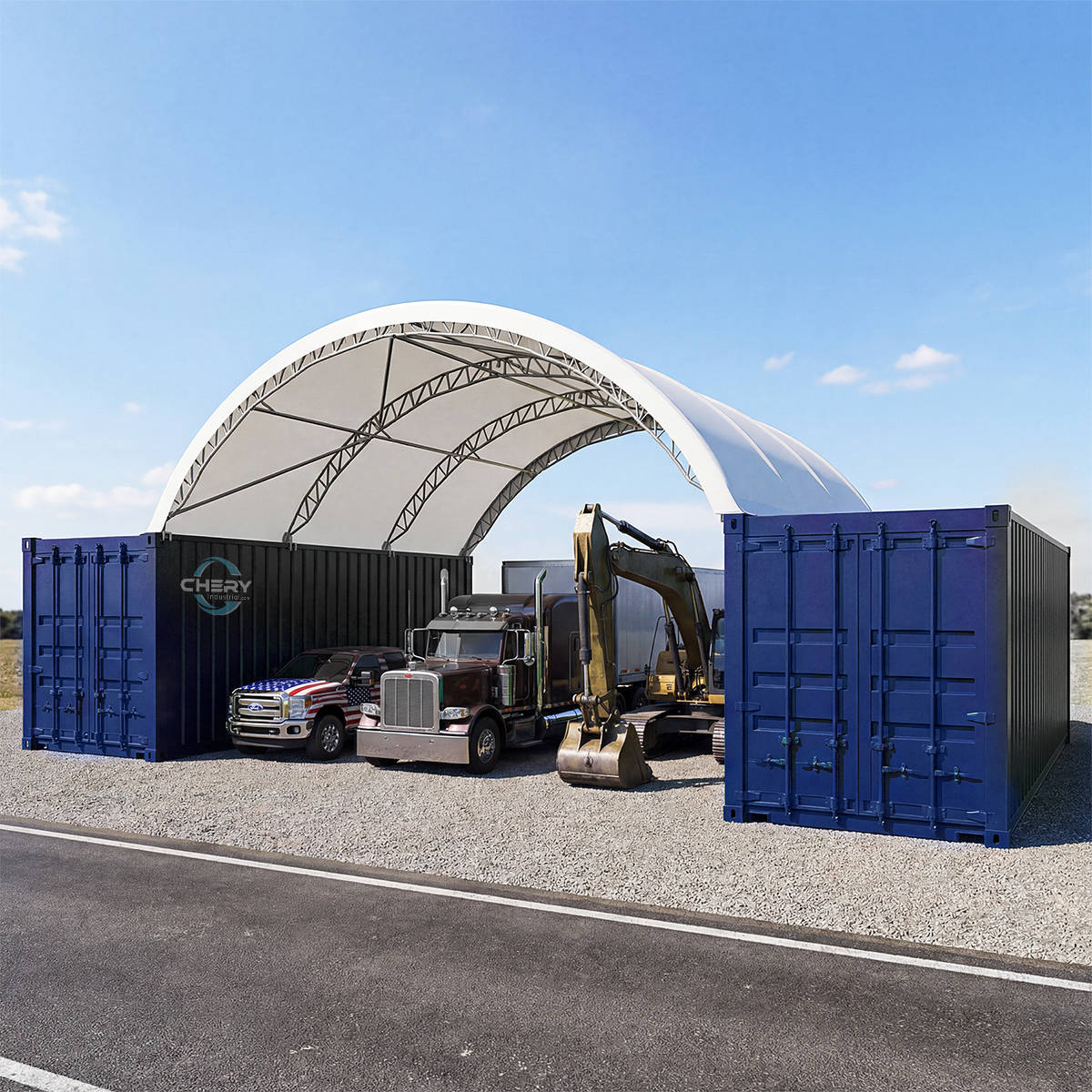 Large white tent structure with blue shipping containers and a truck underneath on a clear day.
