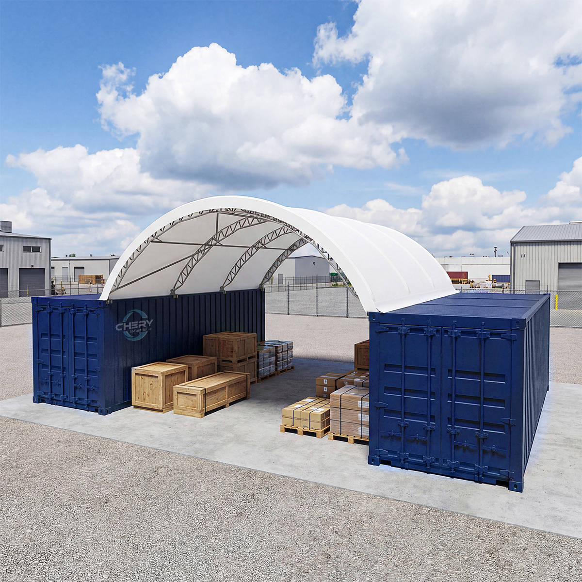 Outdoor storage area with blue shipping containers and wooden pallets under a large white container shelter.