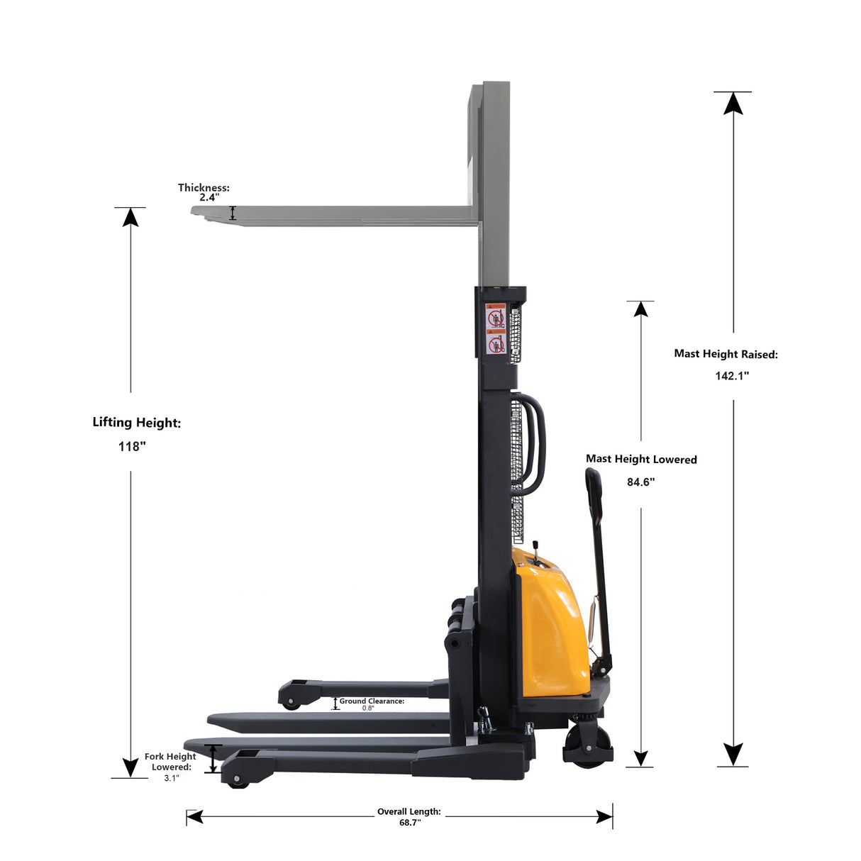 Semi-Electric Straddle Stacker | 3300 lbs. Capacity | 118" Lift Height | TX Self-Pickup