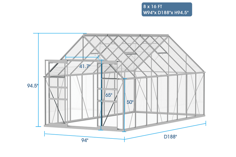 Chery Industrial Classic Greenhouse 8x16ft with 4 Roof Vents