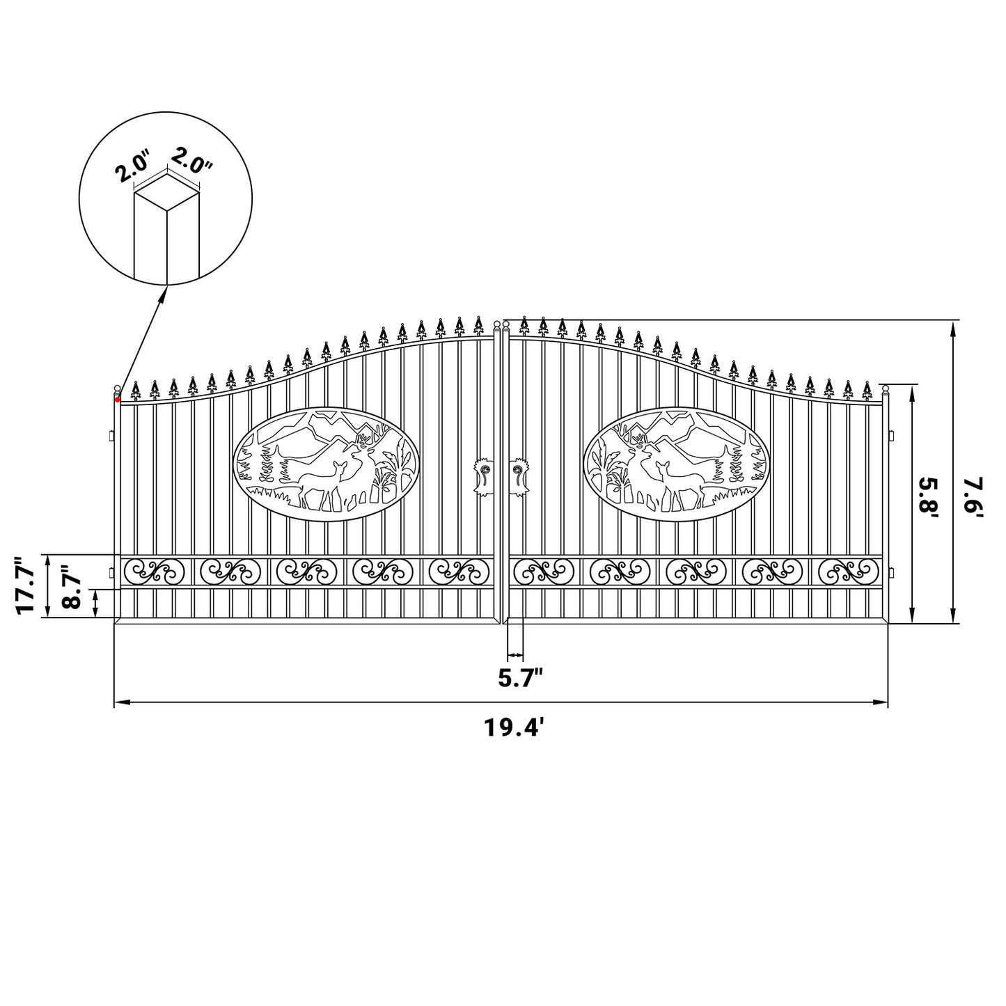 Dimension of 20x8 ft Steel Dual Swing Driveway Gate