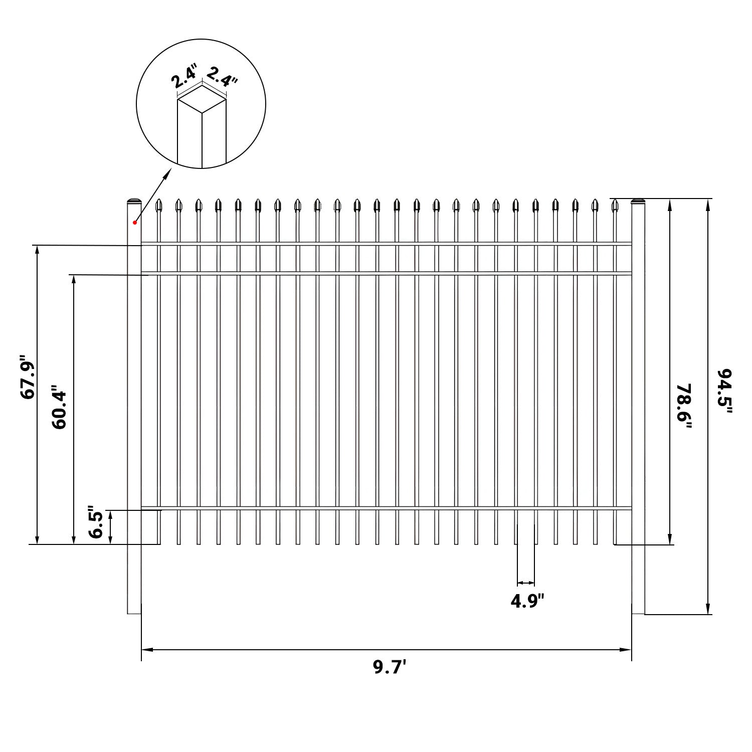 Dimension of 10x7 ft Steel Fence with 3 Rails