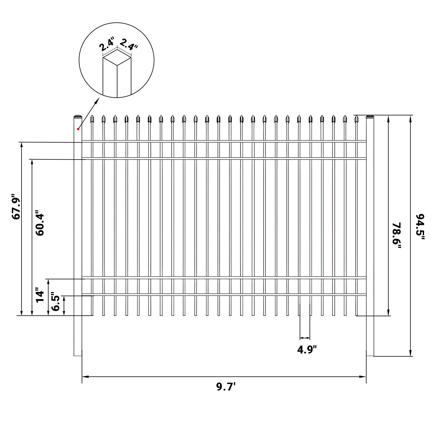 Dimension of 10x7 ft Steel Fence with 4 Rails
