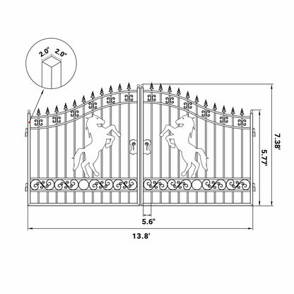 Dimension of 14 ft steel dual swing driveway gate with horse pattern