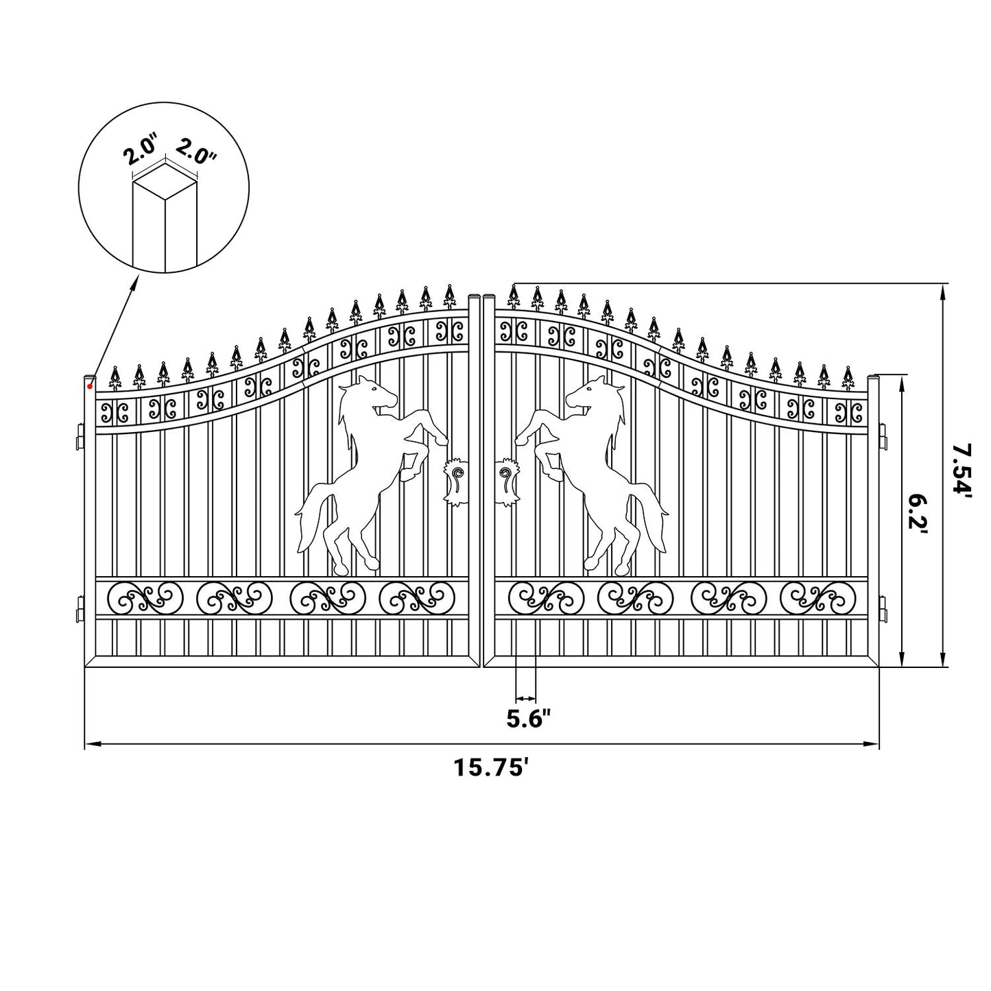 Dimension of 16 ft Steel Dual Swing Driveway Gate with Horse Pattern