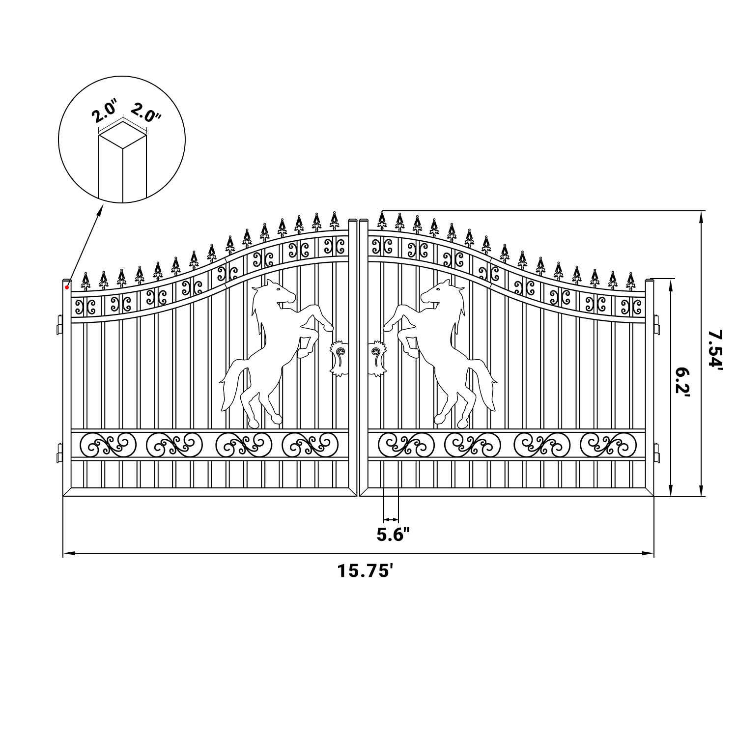 Dimension of 16 ft Steel Dual Swing Driveway Gate with Horse Pattern