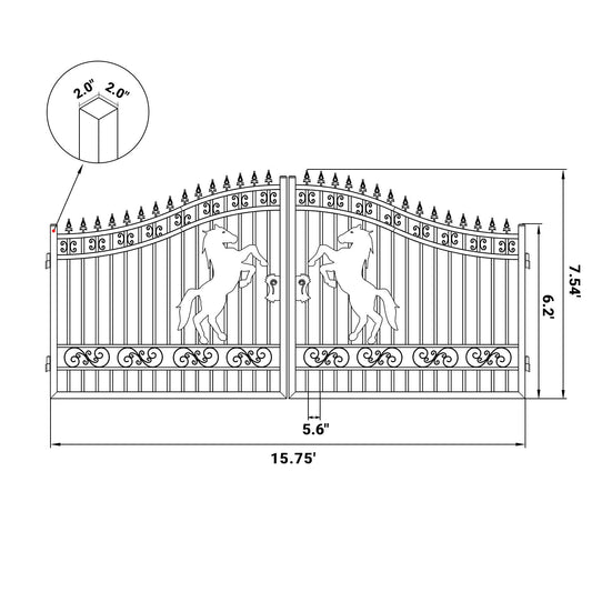 Dimension of 16 ft Steel Dual Swing Driveway Gate with Horse Pattern