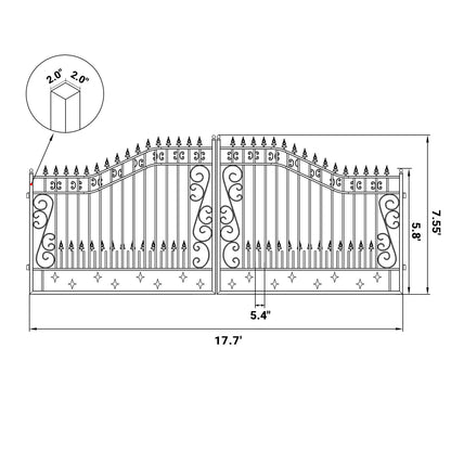 Dimension of 18x8 ft steel dual swing driveway gate with star pattern