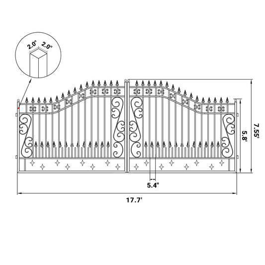 Dimension of 18x8 ft steel dual swing driveway gate with star pattern