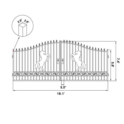Dimension of the 18ft dual swing driveway gate with horse pattern#design_horse