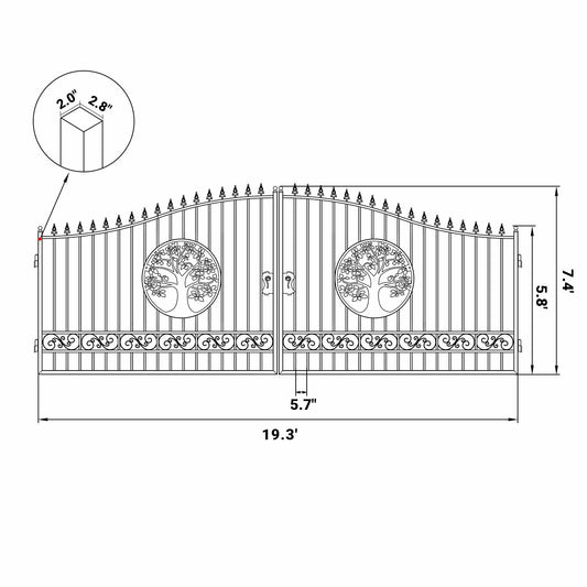 Dimension of 20 ft Steel Dual Swing Driveway Gate with Wider Goalposts