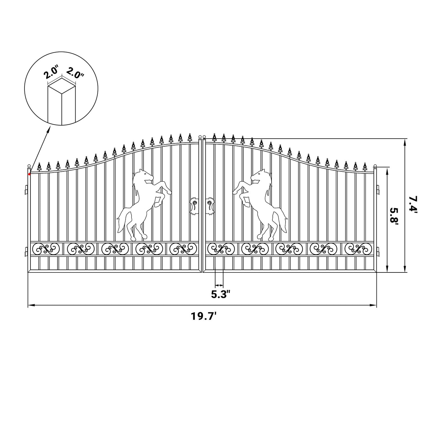 Dimension of the 20ft dual swing driveway gate with horse design#design_horse 