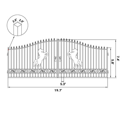 Dimension of the 20ft dual swing driveway gate with horse design#design_horse 