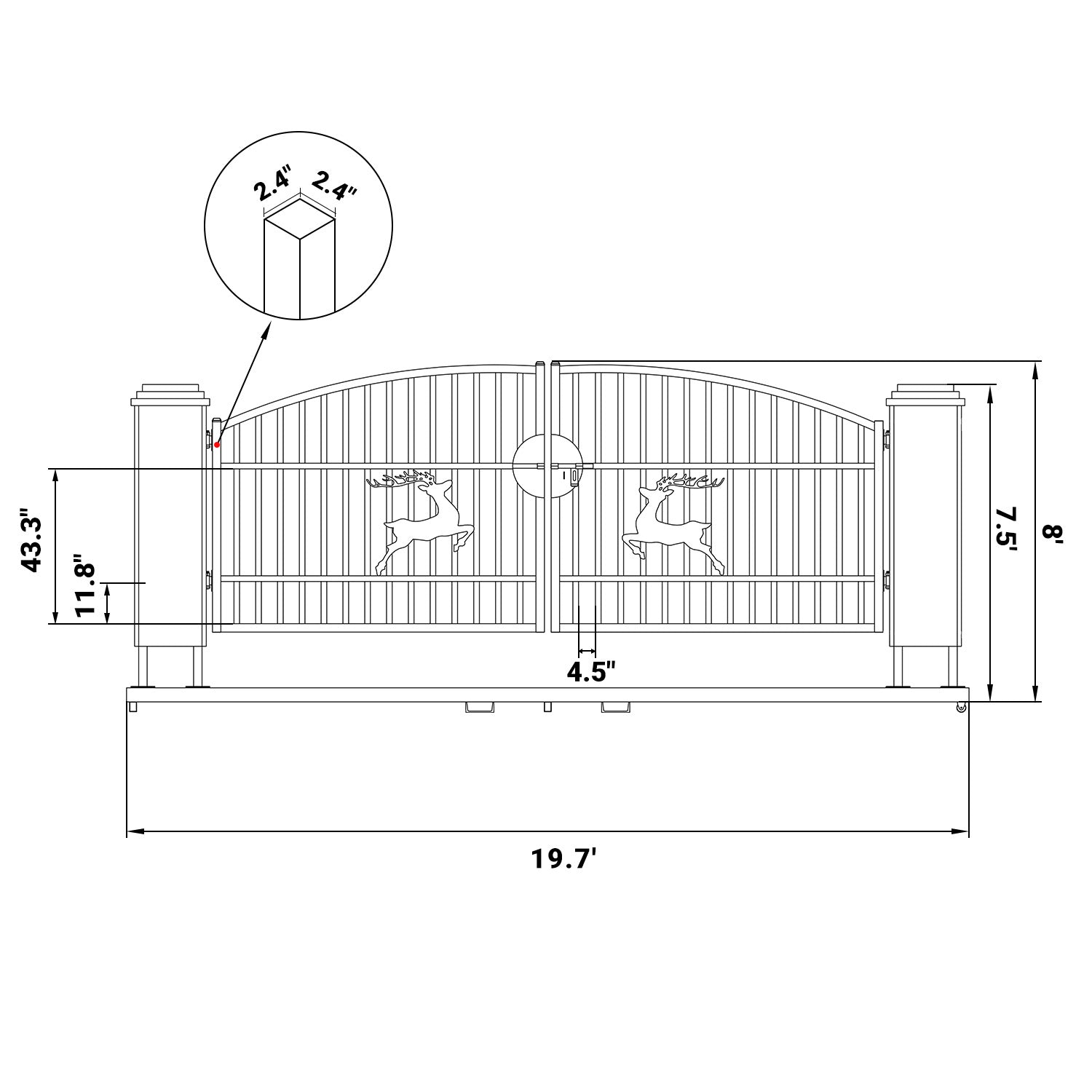 Dimension of 20x8 ft Dual Swing Driveway Gate with Ornamental Hollow Posts