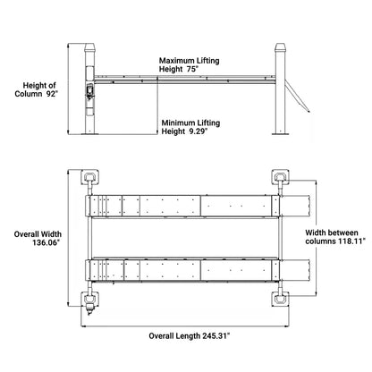Dimension of KT-4H150- 4-post car lift