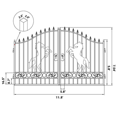 Dimension of the 12x8 ft dual swing driveway gate with horse pattern