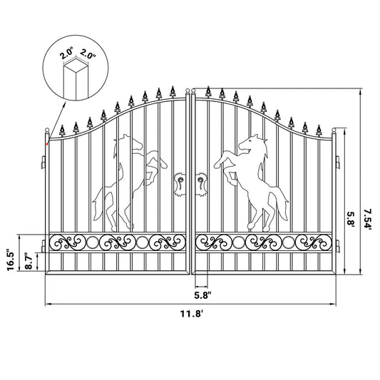 Dimension of the 12x8 ft dual swing driveway gate with horse pattern