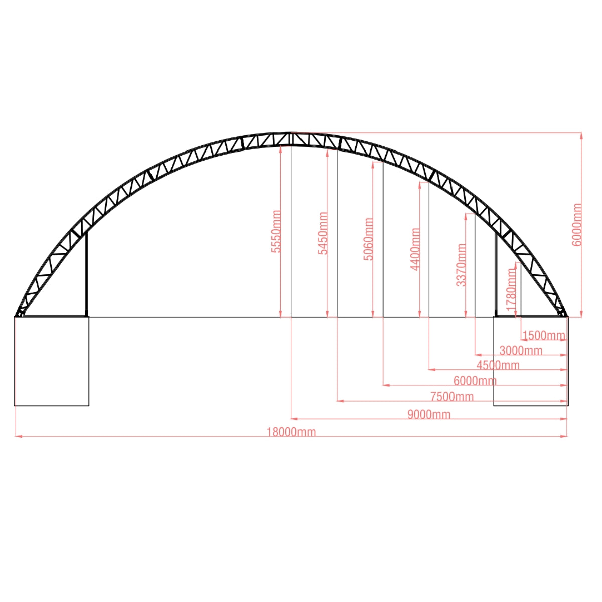 Architectural drawing of a semi-circular structure with measurements in millimeters.