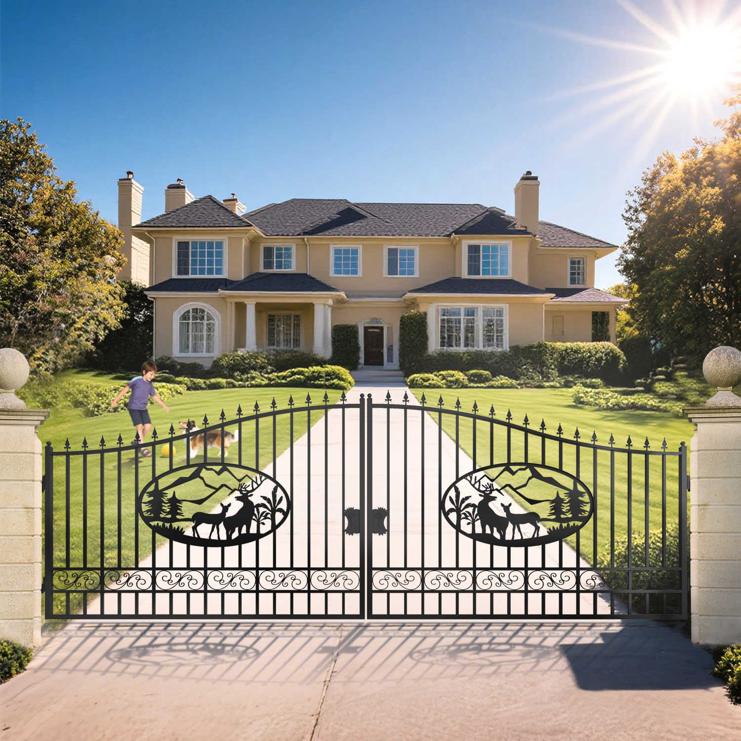 Driveway gate with deer pattern applied in a residential property.