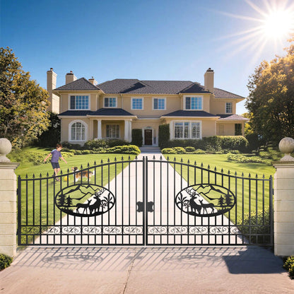 Driveway gate with deer pattern applied in a residential property.#Design_deer