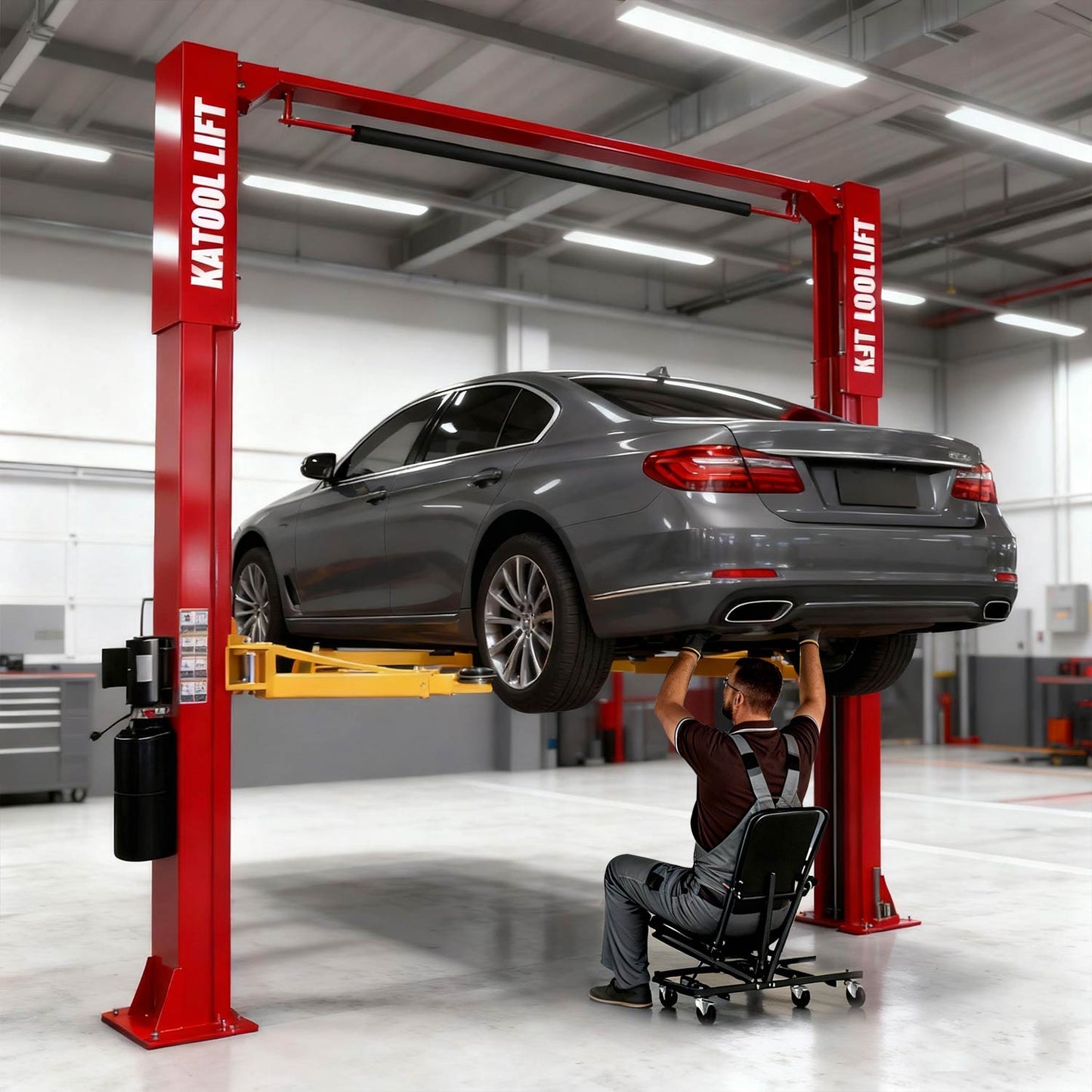 The car lift makes it easy to access undercar parts for vehicle repair and maintenance